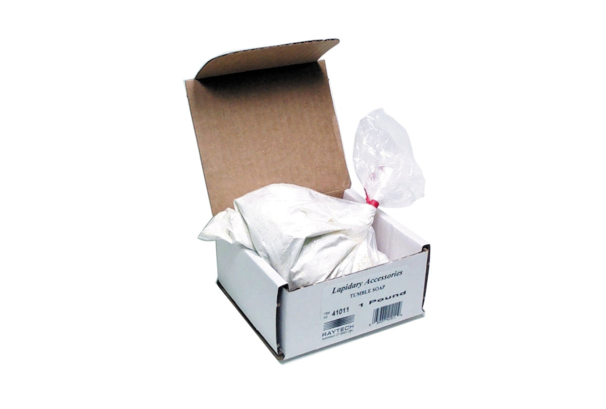 Tumble Soap 1Lb bag open in cardboard box for metal finishing and burnishing
