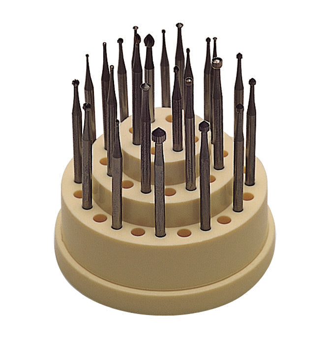 24-Piece Master Swiss Bur Set for dental precision and durability in beige holder