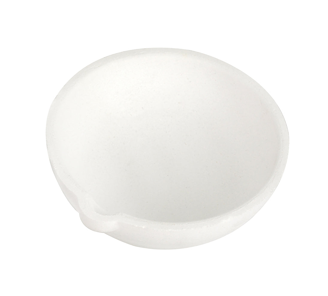 250 gram ceramic alumina crucible dish with tapered sides and pour spout for high-temperature metal melting