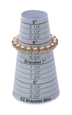 Travel-sized EZ Bracelet Gauge tool with pearl bracelet on size measurement cone