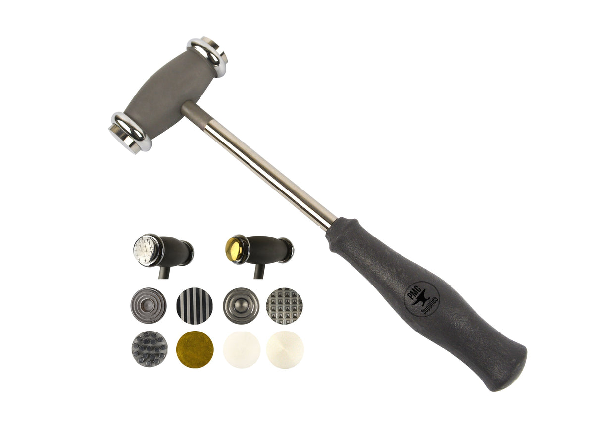 12 multi-face texturing metal jewelry hammer set with interchangeable textured heads and ergonomic black handle