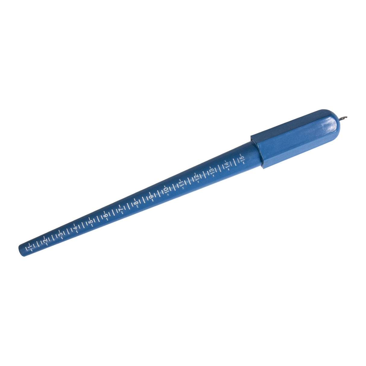 Blue plastic ring sizer stick with standard US sizes and 1/4 inch graduations