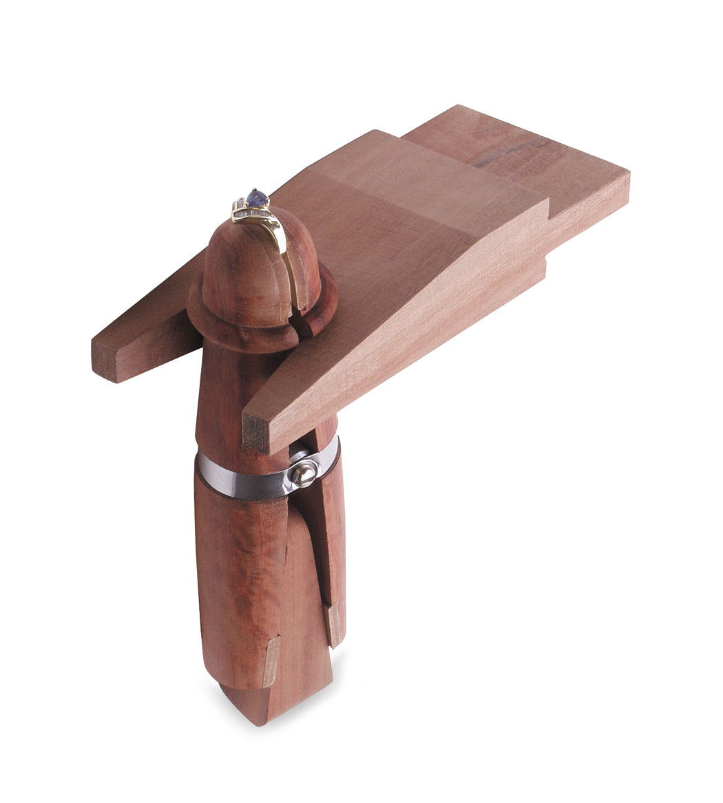 Mahogany ring clamp with bench pin and leather jaws for stable jewelry work