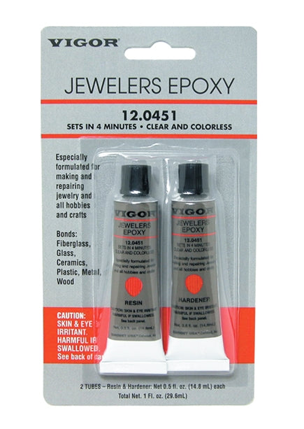Vigor Jeweler's 2-Part Epoxy Resin and Hardener in twin tubes for clear, fast-curing, strong bonds on metal, plastic, ceramic, glass, and wood.
