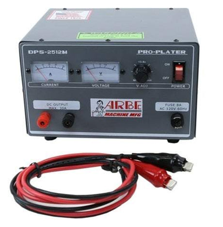 Arbe DPS-2512M 25 Amp plating machine with analog meters, adjustable voltage, heavy-duty transformer, and insulated leads.