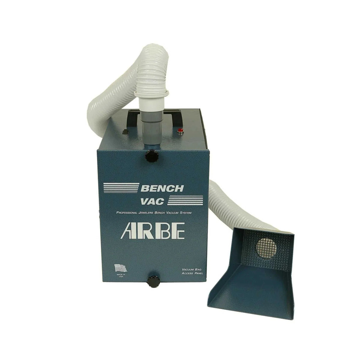Arbe JBV-05 Jewelers Bench Vacuum System with dual filtration, 110 CFM suction, and compact powder-coated steel design for clean jewelry workspace