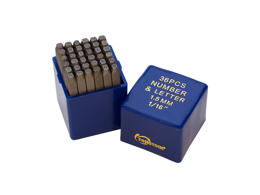 Juego de 36 punzones de letras y números - 1/16"