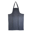 Dark blue denim shop apron with breast and waist pockets, durable 12 oz fabric, 28 by 36 inches size