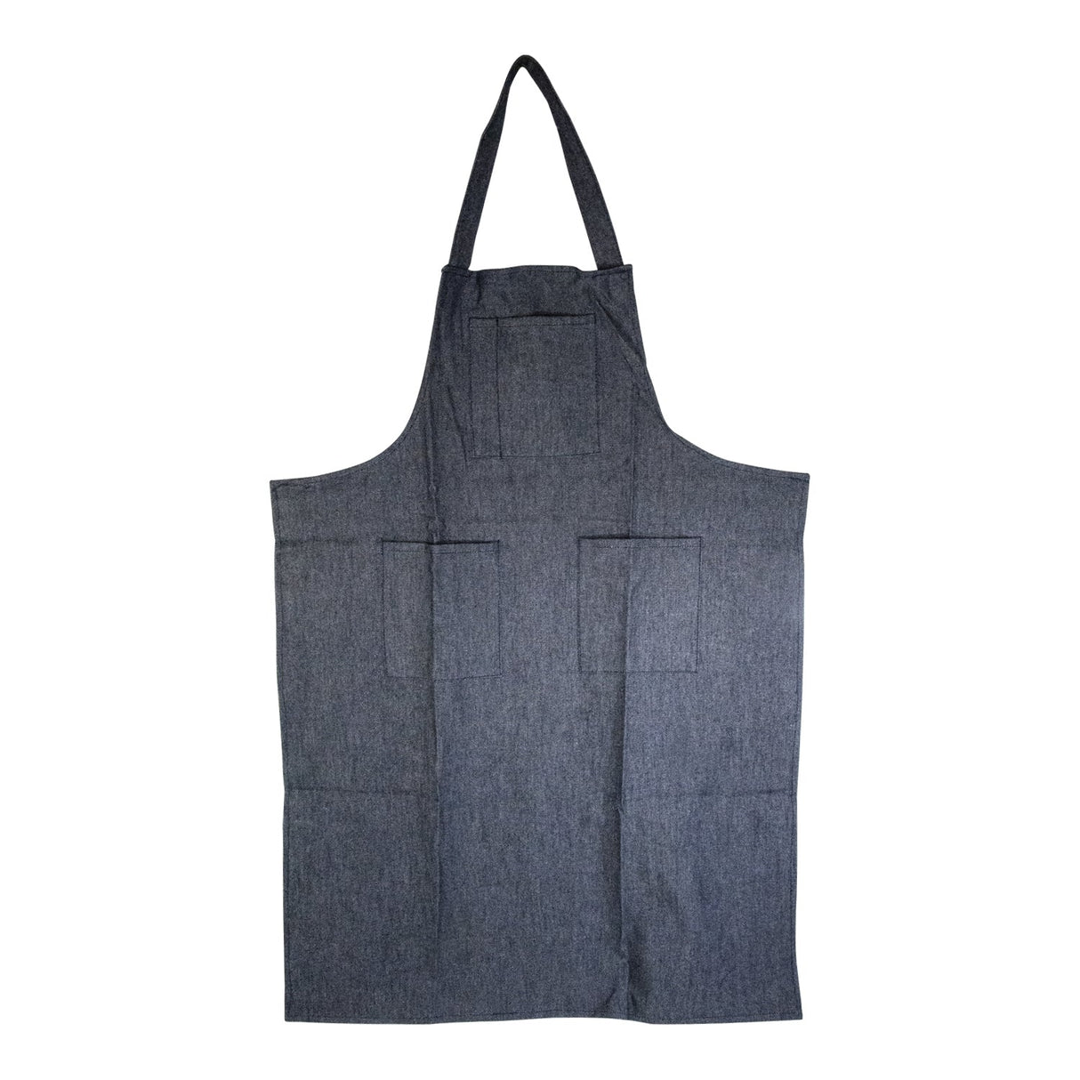 Dark blue denim shop apron with breast and waist pockets, durable 12 oz fabric, 28 by 36 inches size