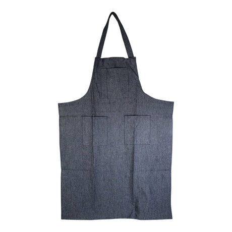 Dark blue denim shop apron with breast and waist pockets, durable 12 oz fabric, 28 by 36 inches size