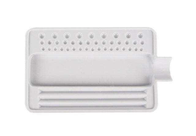 White 4 x 2-1/2 inch bead sorting tray with grooves and round indentations for organizing jewelry-making supplies