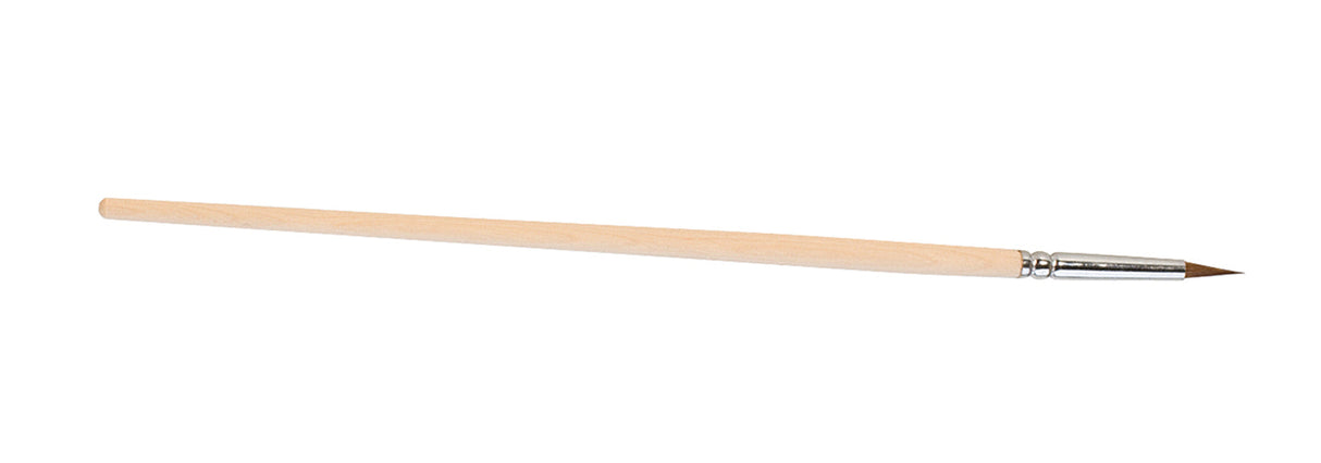 8-1/4 inch artist's brush with fine pointed bristles and wooden handle for detailed ceramic and pottery work