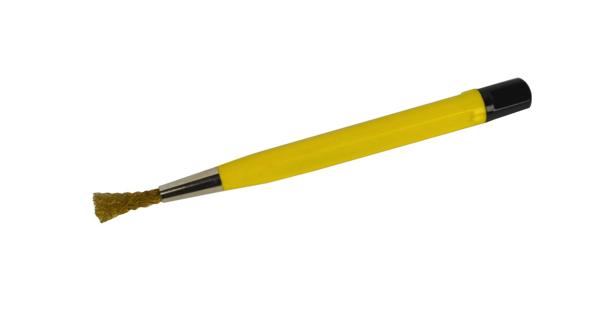 Yellow pen-style retractable scratch brush with crimped brass bristles for metal texturing and rust removal