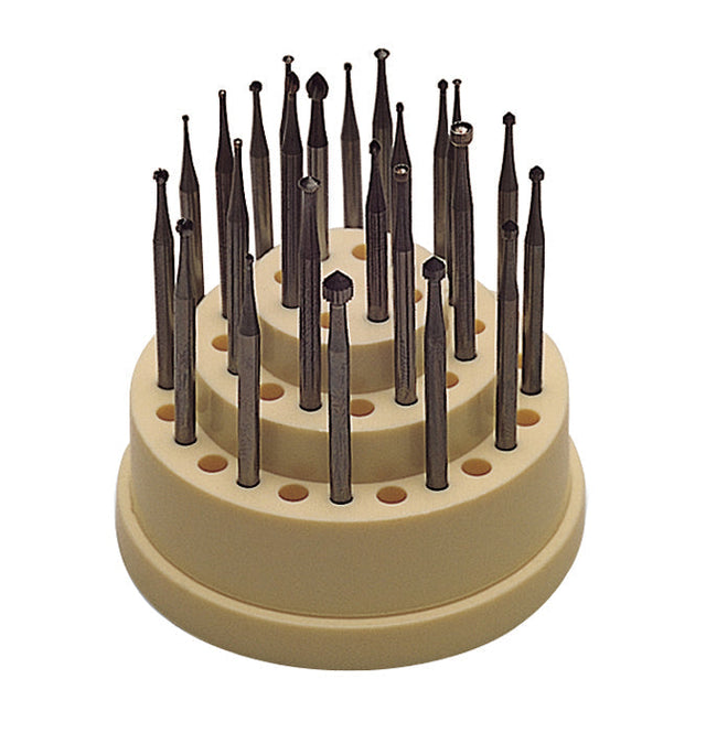 24-Piece Master Swiss Bur Set for dental precision and durability in beige holder