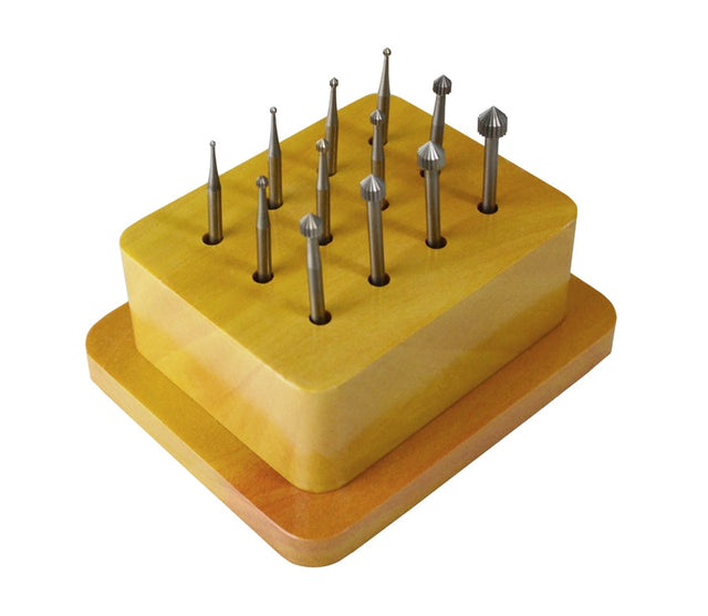 12-piece setting rotary bur set with wooden stand for precision shaping and finishing tasks