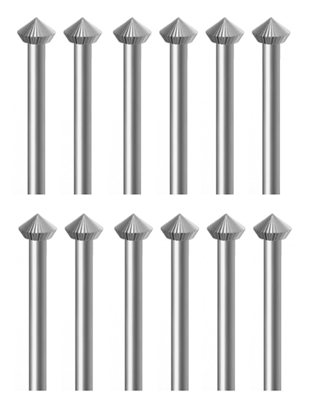 12-piece 45 degree Hart bur set of smaller sizes 0.90-2.30mm in Swiss-milled Vanadium steel for precision detail work