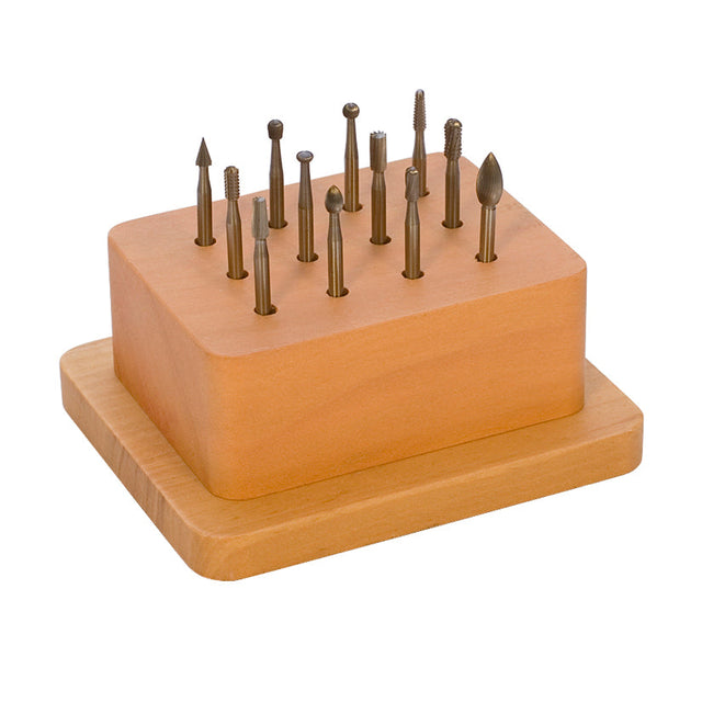 12-piece medium Swiss wax bur set with tungsten vanadium tips and wooden stand for woodworking and plastic tasks