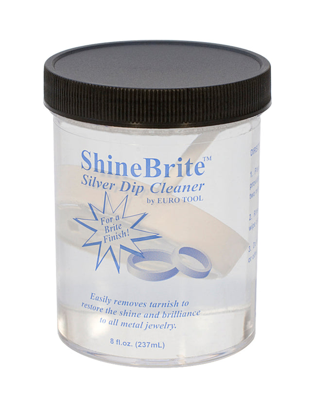ShineBrite Silver Dip Cleaner 8oz removes tarnish and oxidation from metal jewelry fast and safely.