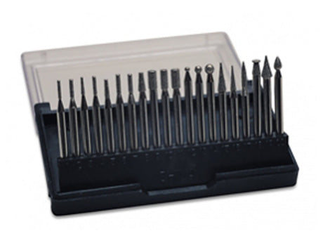 20-piece diamond bit set with 3/32" shank in a black plastic organizer for ceramic, glass, and stone detailing.