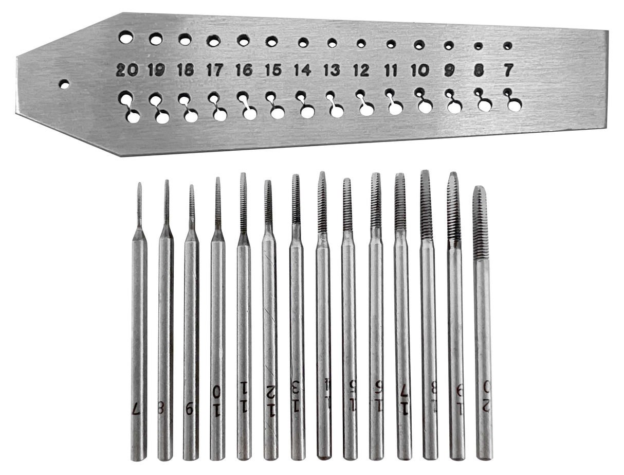 Screw plate with 14 precision taps from 0.7 mm to 2 mm and matching holes for threading tasks