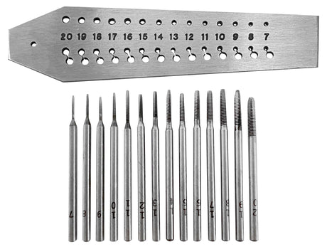 Screw plate with 14 precision taps from 0.7 mm to 2 mm and matching holes for threading tasks
