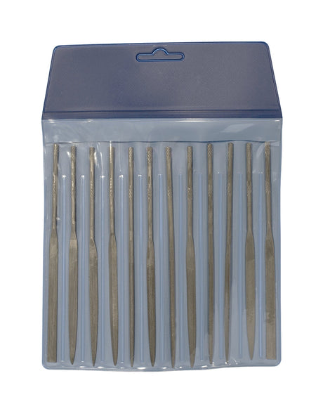 12-piece needle file set cut 0 with various file shapes in plastic pouch for precision metalworking and jewelry projects