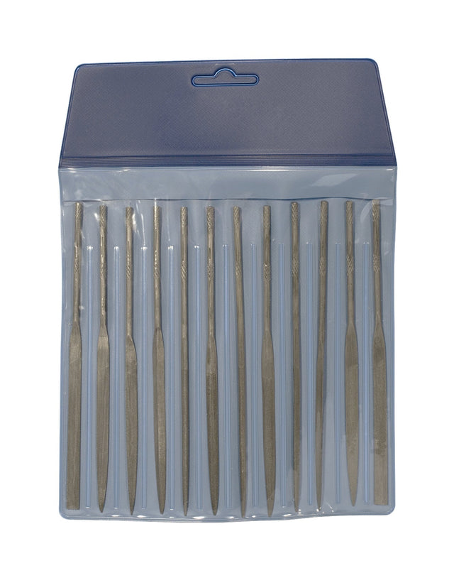 12-piece needle file set cut 0 with various file shapes in plastic pouch for precision metalworking and jewelry projects