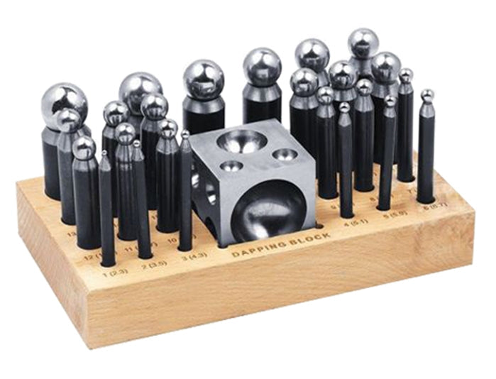 BenchPro 26-piece steel dapping doming punch block set with wooden base and various sized punches from 2.3 mm to 25 mm for jewelry making