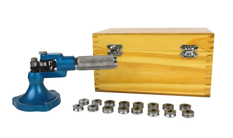 Deluxe Stone Set Ring Stretcher with 16 dies and wooden storage box for precise ring resizing.
