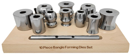 Bracelet Bangle Forming Set with 10 assorted polished steel die shapes on wooden base for jewelry making