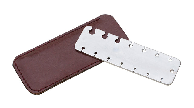 Compact stainless steel Pocket-Sized Wire Gauge with leather protective case for measuring wire thicknesses 34 to 8 gauges in mm and inches
