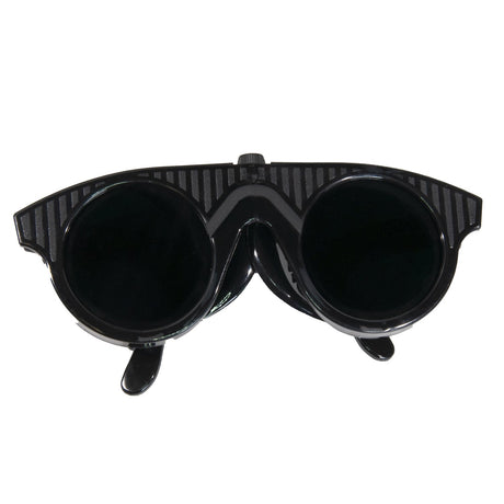 #7 shade platinum welding glasses with wrap-around black frame and adjustable ear pieces made in Germany