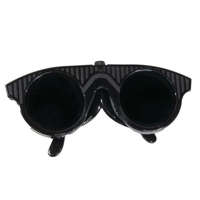 #7 shade platinum welding glasses with wrap-around black frame and adjustable ear pieces made in Germany
