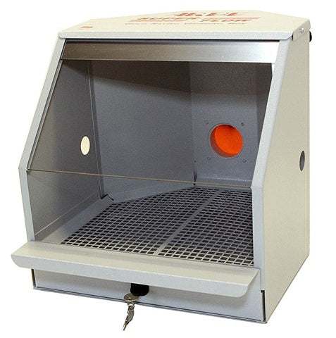 Arbe Hood benchtop polishing cabinet with metal wire-mesh partition, lockable sliding drawer, and clear acrylic shield for secure gold grinding and debris collection