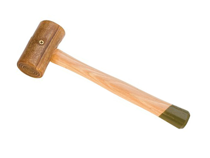 2-inch weighted rawhide hammer mallet with wooden handle and non-marring head for metal shaping