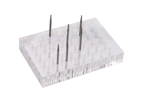 Clear Acrylic Benchtop Bur Organizer with 40 holes for drills and burs, compact durable lucite stand for 3/32" shank tools