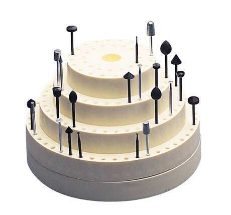Plastic rotating bur tool organizer holder with four-tier circular design and multiple holes for burs and rotary tools