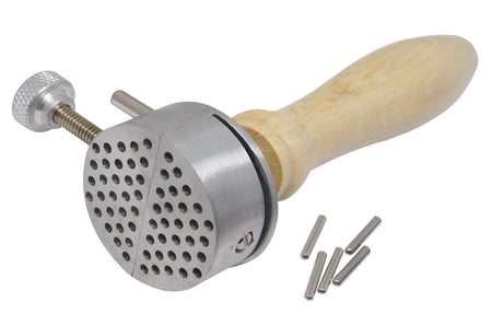 Handheld Universal Work Holder engraving vise with aluminum peg-style clamp and wooden handle, featuring multi-hole work surface and eight pins for secure holding
