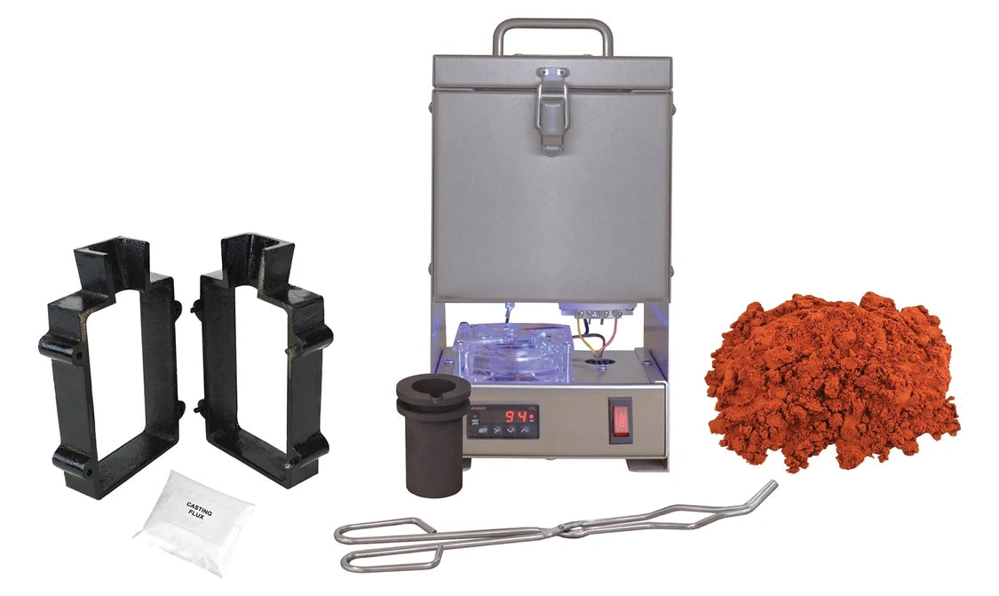 QuikMelt TableTop Furnace Sand Casting Set with 10 Lbs of Petrobond, Tongs, Crucible, Cast Iron Mold Flask Frame, Parting Powder, & Flux