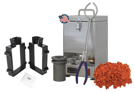 QuikMelt TableTop Furnace Sand Casting Set with 10 Lbs of Petrobond, Tongs, Crucible, Cast Iron Mold Flask Frame, Parting Powder, & Flux