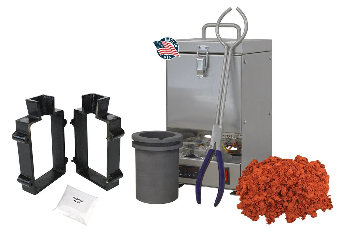 QuikMelt TableTop Furnace Sand Casting Set with 10 Lbs of Petrobond, Tongs, Crucible, Cast Iron Mold Flask Frame, Parting Powder, & Flux