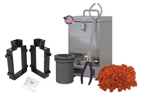 QuikMelt TableTop Furnace Sand Casting Set with 10 Lbs of Petrobond, Tongs, Crucible, Cast Iron Mold Flask Frame, Parting Powder, & Flux
