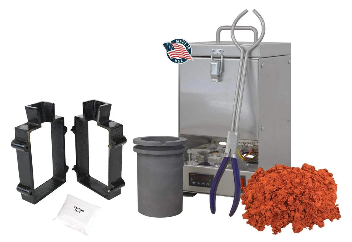 QuikMelt TableTop Furnace Sand Casting Set with 10 Lbs of Petrobond, Tongs, Crucible, Cast Iron Mold Flask Frame, Parting Powder, & Flux
