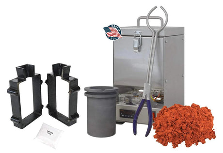 QuikMelt TableTop Furnace Sand Casting Set with 10 Lbs of Petrobond, Tongs, Crucible, Cast Iron Mold Flask Frame, Parting Powder, & Flux