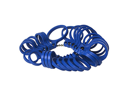 Blue plastic ring sizer measuring gauge set with sizes 1 to 15 on ball chain for jewelry fitting