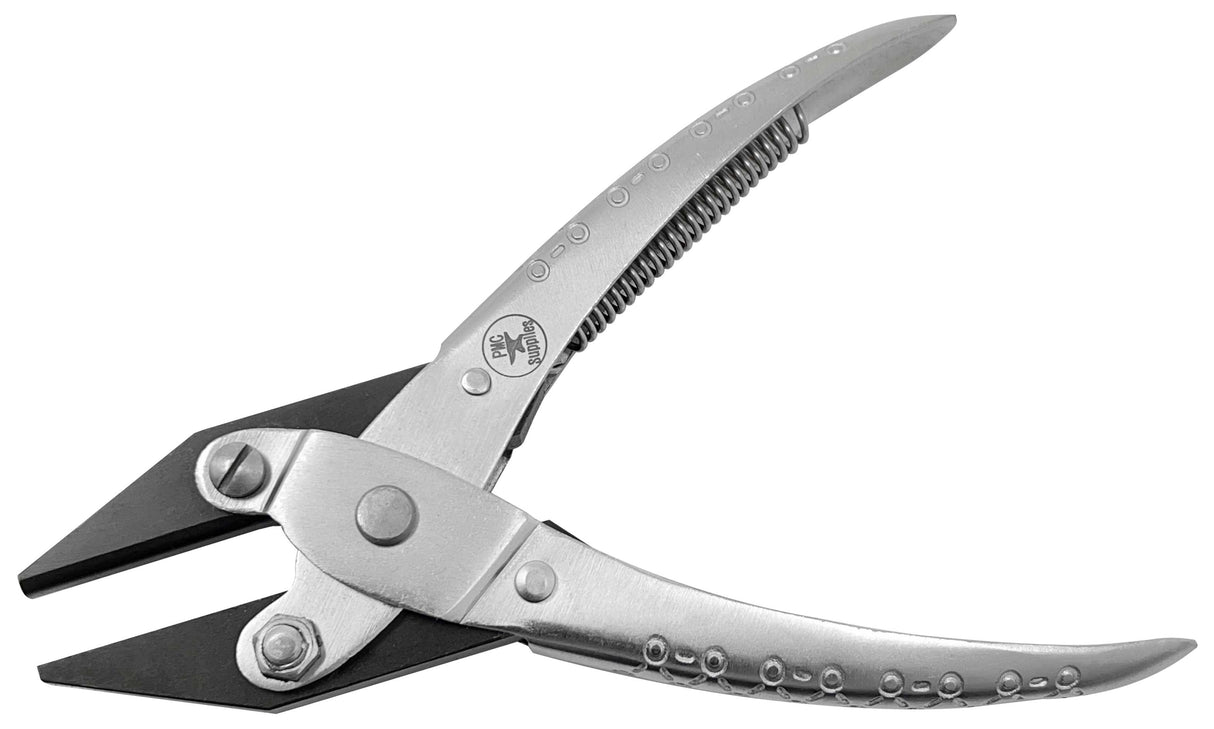 5-1/2 inch half round and flat nose parallel action pliers with spring-loaded black anodized jaws and nickel-plated handles
