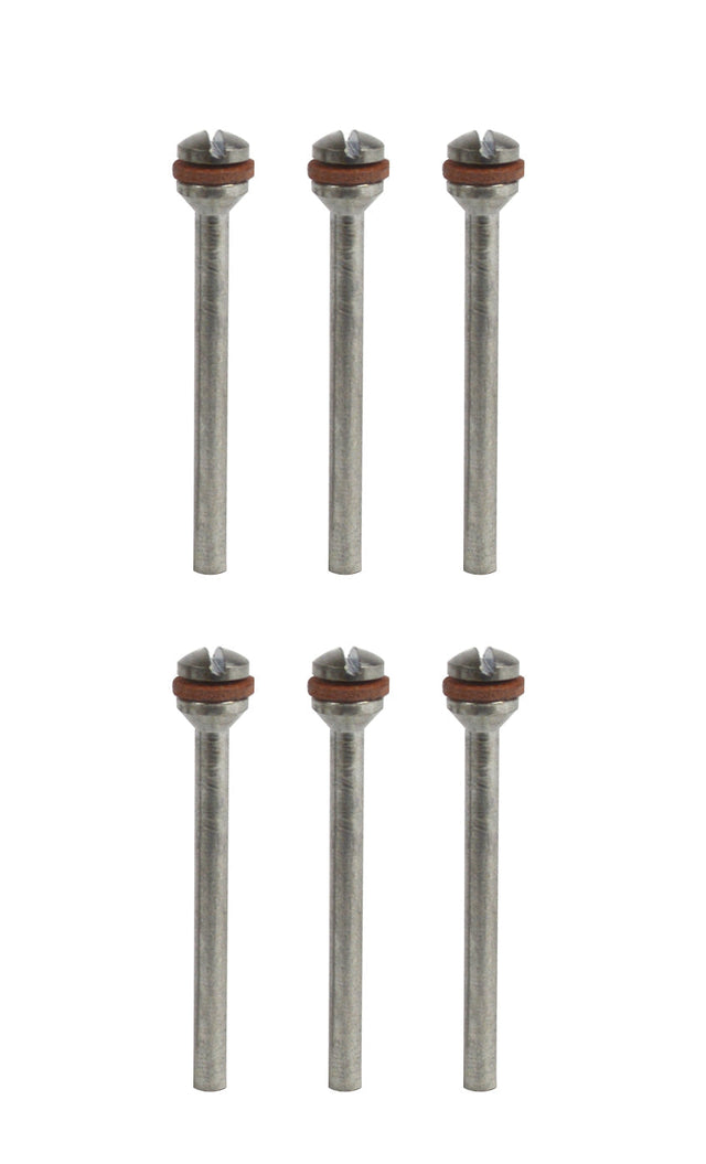Set of 6 stainless steel polishing mandrels with reinforced screws and 3/32" shanks for precision abrasive work
