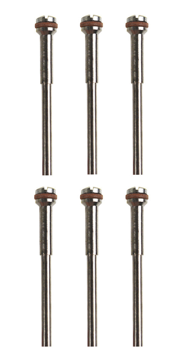 6-pack small wheel mandrels with 3/32 inch shank for 1/16 inch polishing discs, ideal for detailed rotary tool polishing.