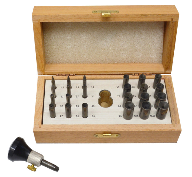 Bezel Setting Tool Set with 24 steel punches from 1.1 to 10 mm in a wooden case for precise jewelry stone and tube setting
