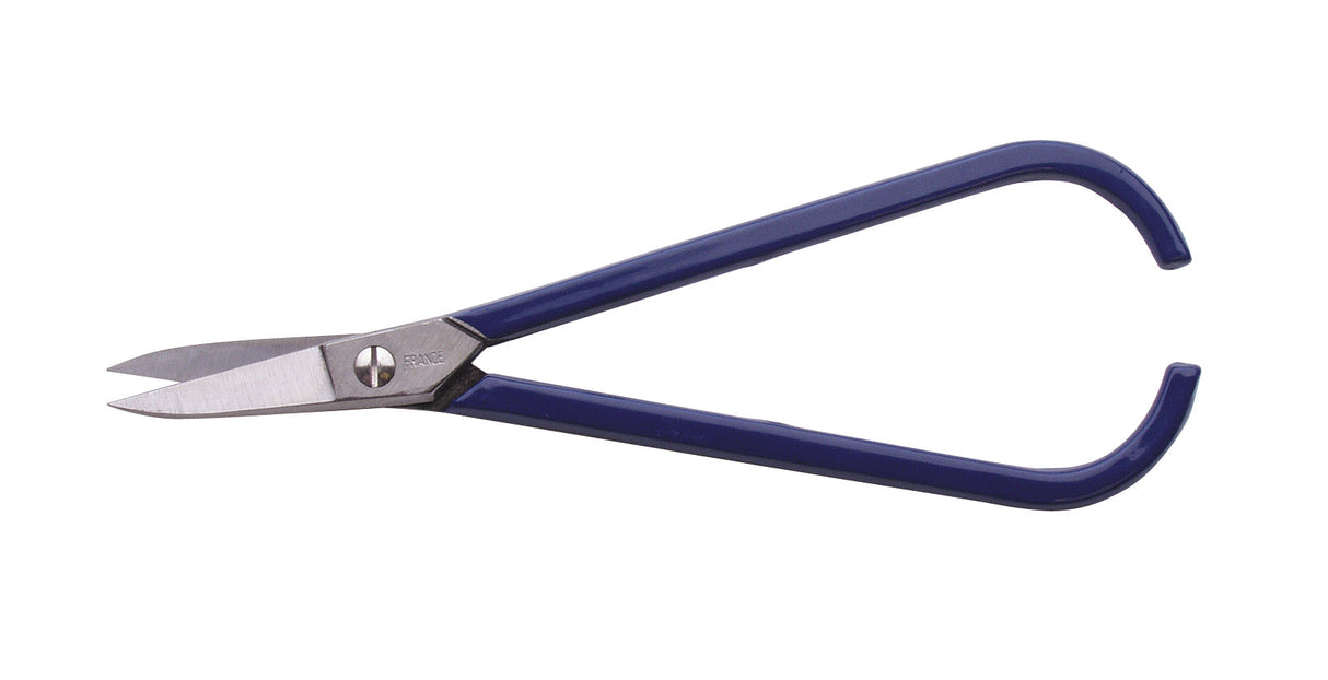 7 inch straight shears with blue handles and narrow stainless steel blades for precise cutting